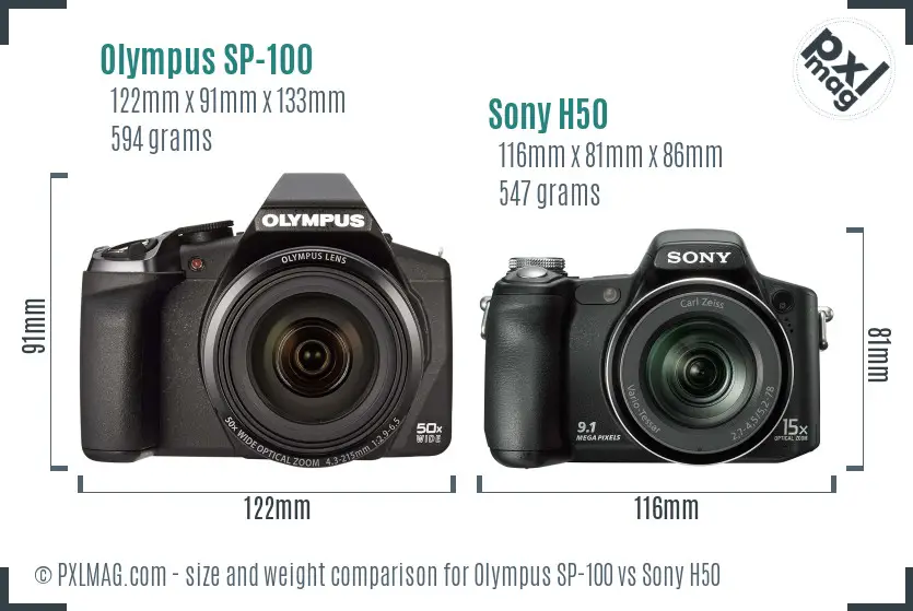 Olympus SP-100 vs Sony H50 size comparison