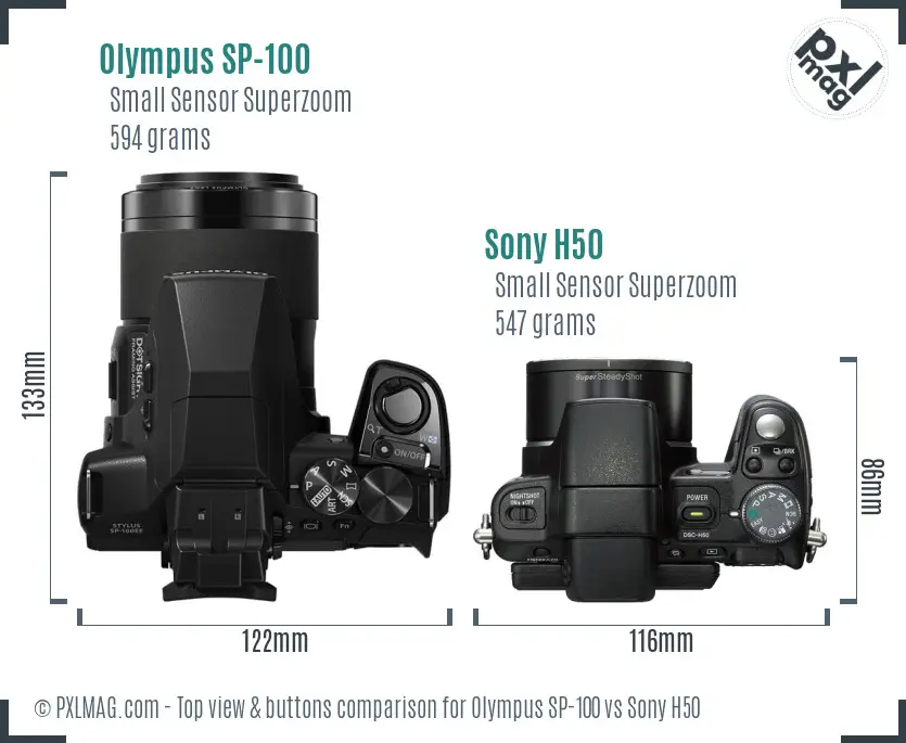 Olympus SP-100 vs Sony H50 top view buttons comparison