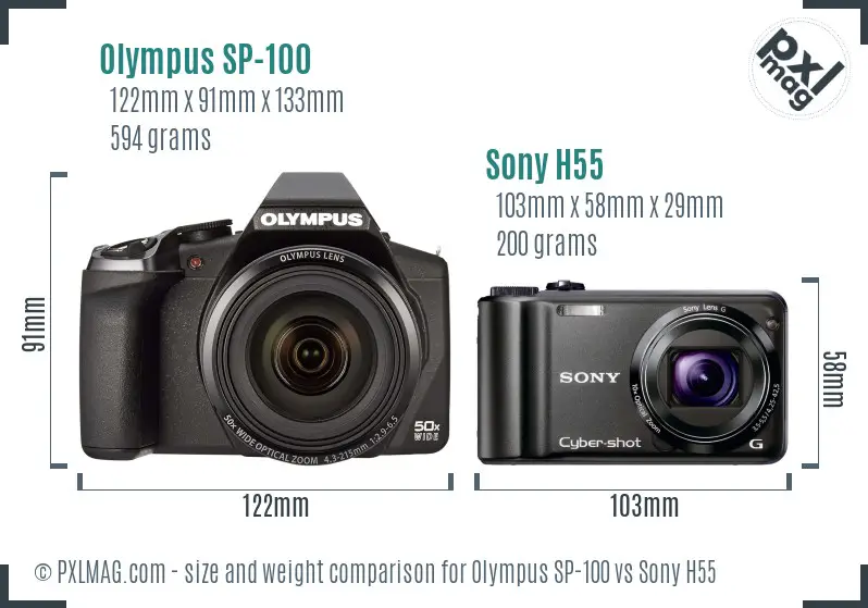 Olympus SP-100 vs Sony H55 size comparison
