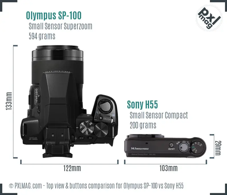 Olympus SP-100 vs Sony H55 top view buttons comparison