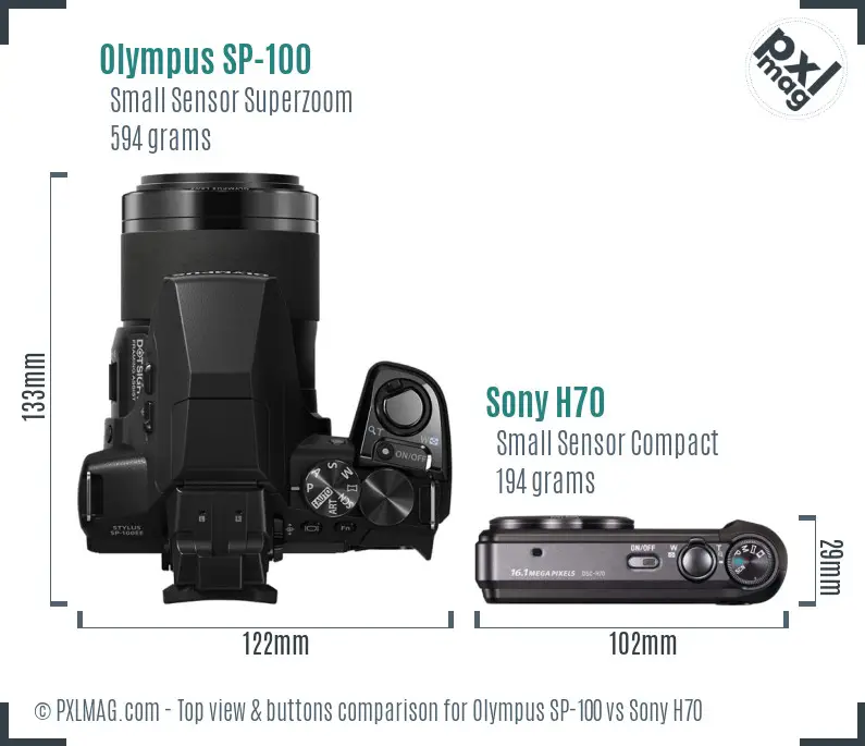Olympus SP-100 vs Sony H70 top view buttons comparison