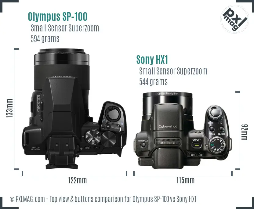 Olympus SP-100 vs Sony HX1 top view buttons comparison