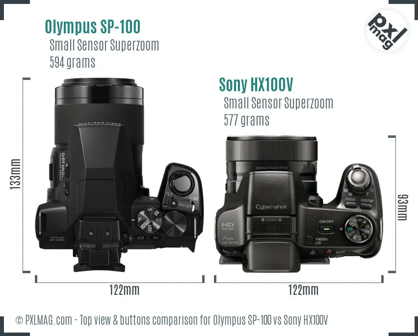 Olympus SP-100 vs Sony HX100V top view buttons comparison
