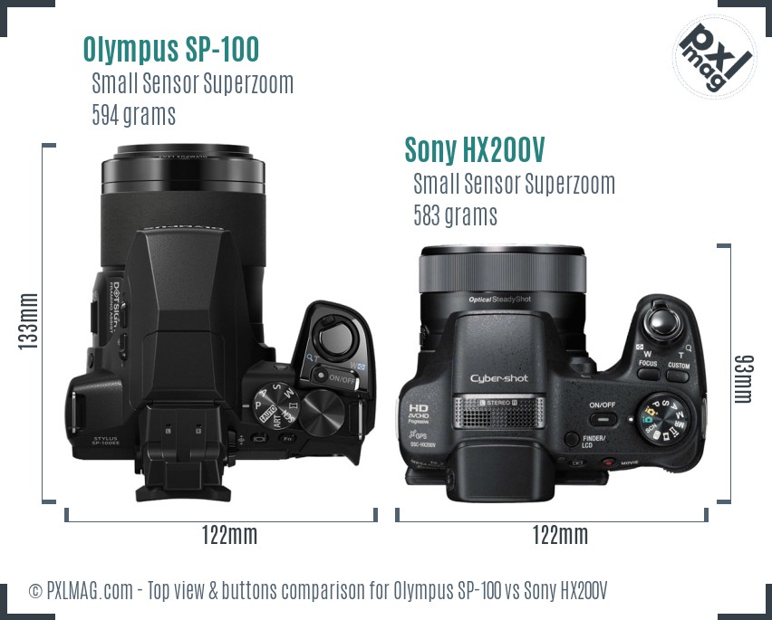 Olympus SP-100 vs Sony HX200V top view buttons comparison