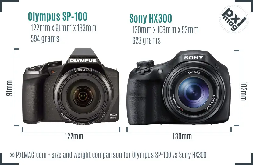 Olympus SP-100 vs Sony HX300 size comparison