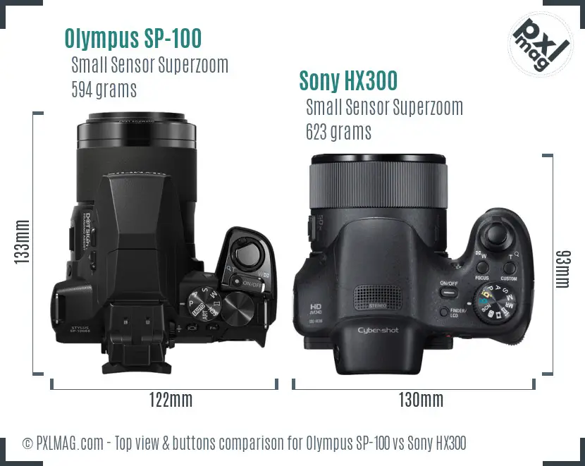 Olympus SP-100 vs Sony HX300 top view buttons comparison