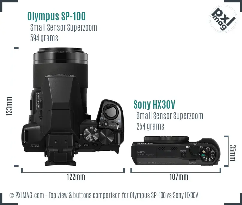 Olympus SP-100 vs Sony HX30V top view buttons comparison