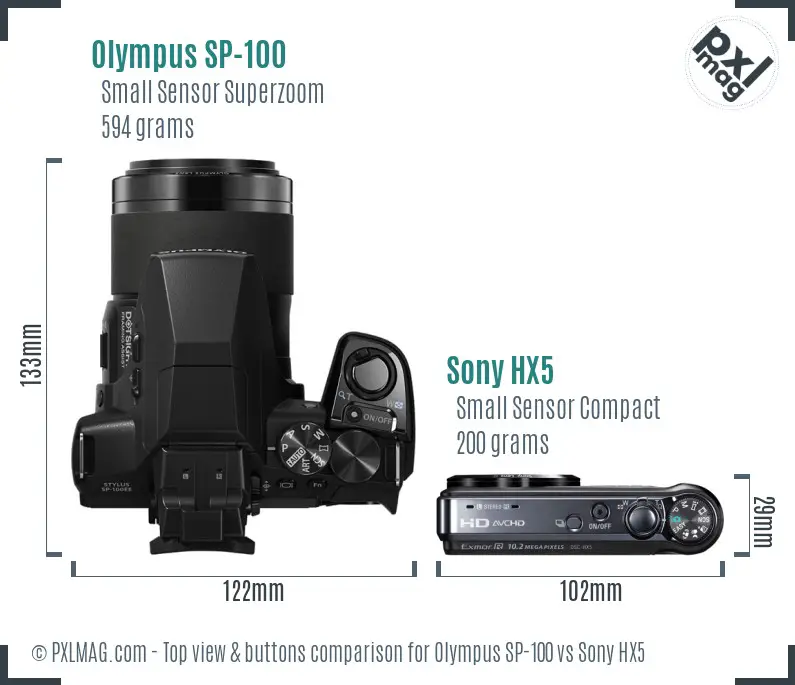 Olympus SP-100 vs Sony HX5 top view buttons comparison