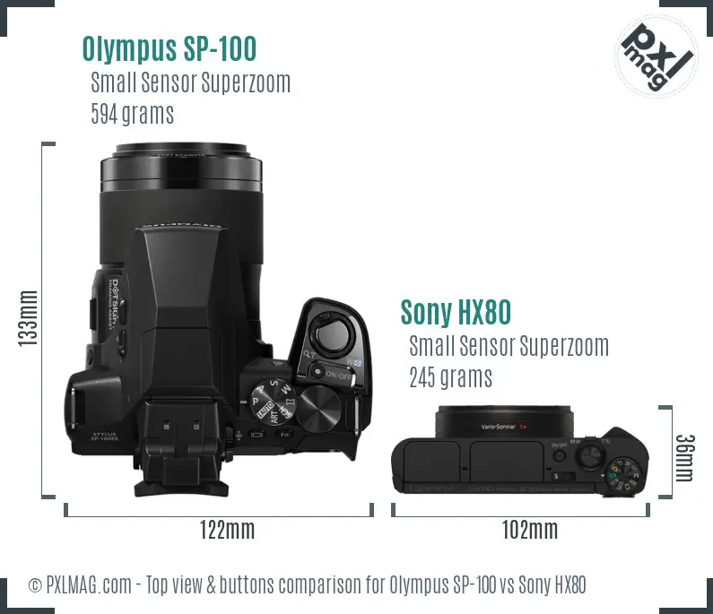 Olympus SP-100 vs Sony HX80 top view buttons comparison