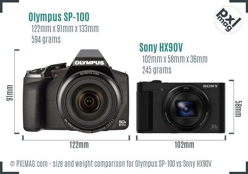 Olympus SP-100 vs Sony HX90V size comparison