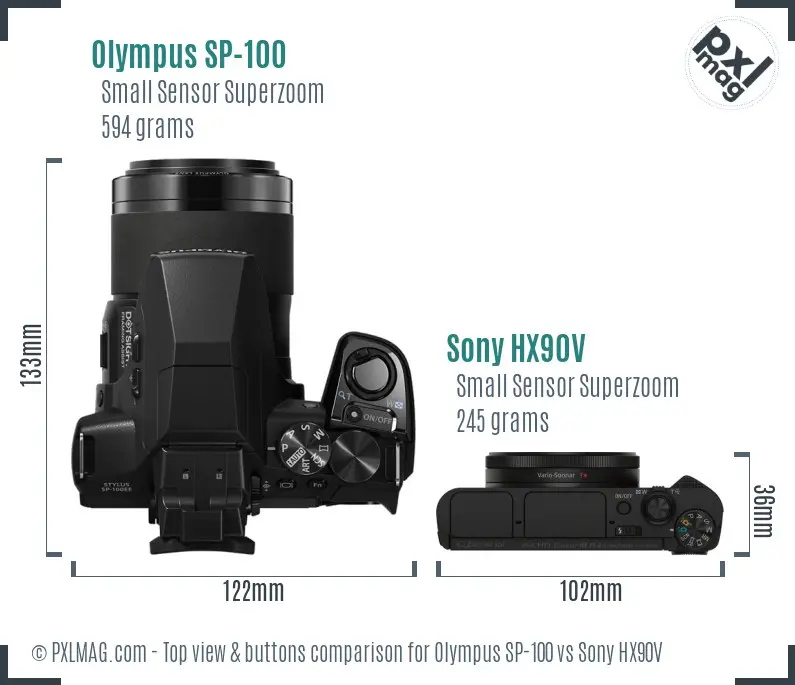 Olympus SP-100 vs Sony HX90V top view buttons comparison