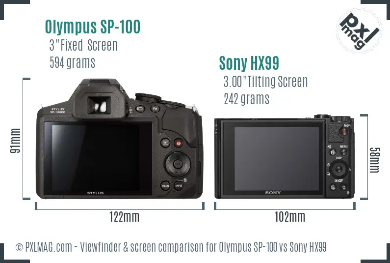 Olympus SP-100 vs Sony HX99 Screen and Viewfinder comparison