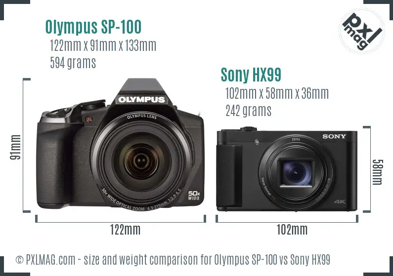 Olympus SP-100 vs Sony HX99 size comparison