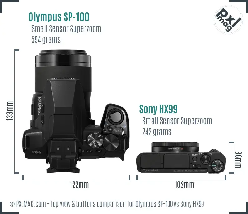 Olympus SP-100 vs Sony HX99 top view buttons comparison