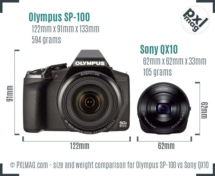 Olympus SP-100 vs Sony QX10 size comparison