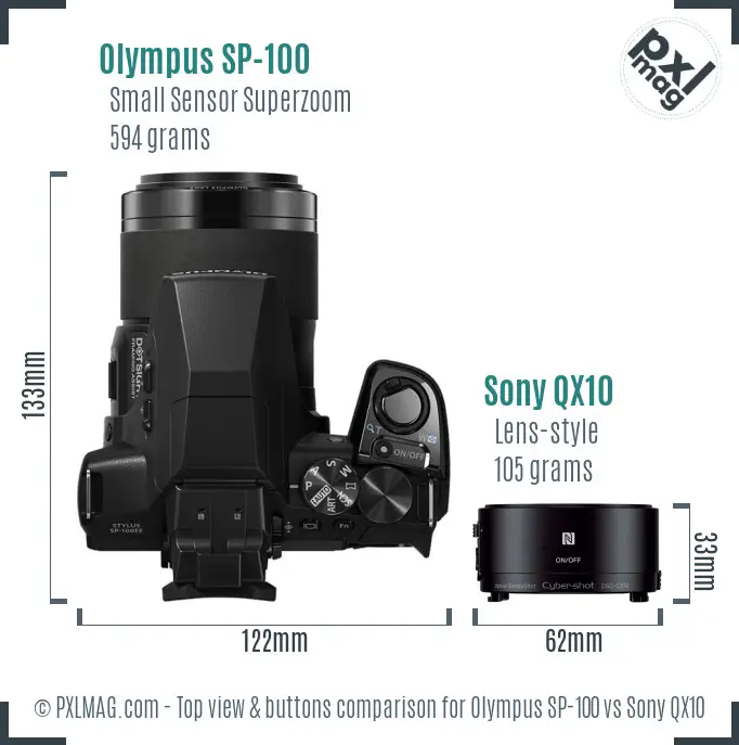 Olympus SP-100 vs Sony QX10 top view buttons comparison