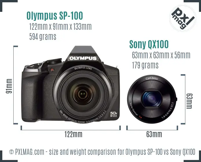 Olympus SP-100 vs Sony QX100 size comparison