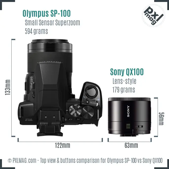 Olympus SP-100 vs Sony QX100 top view buttons comparison