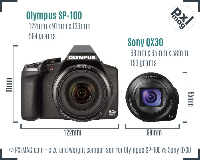 Olympus SP-100 vs Sony QX30 size comparison