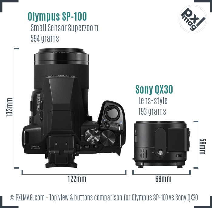 Olympus SP-100 vs Sony QX30 top view buttons comparison