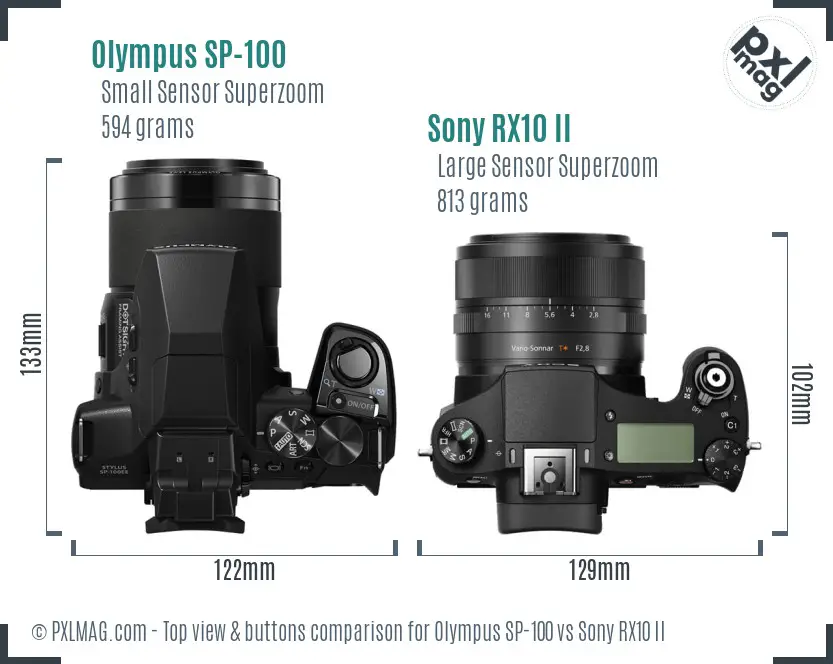 Olympus SP-100 vs Sony RX10 II top view buttons comparison