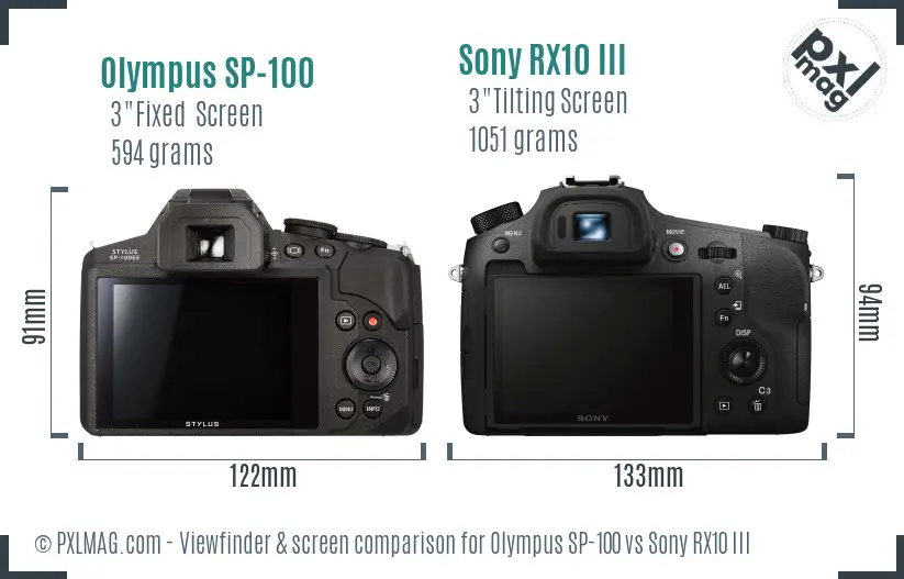 Olympus SP-100 vs Sony RX10 III Screen and Viewfinder comparison