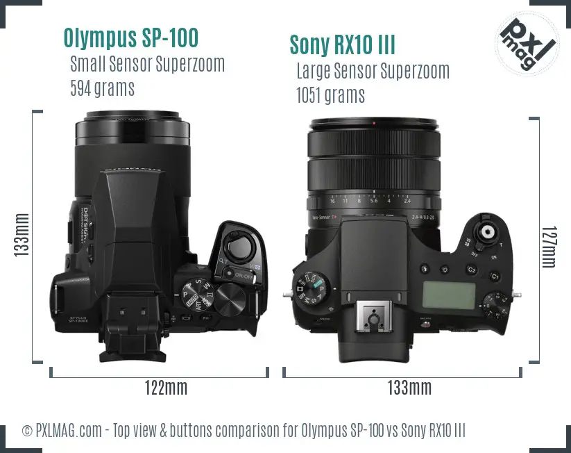 Olympus SP-100 vs Sony RX10 III top view buttons comparison