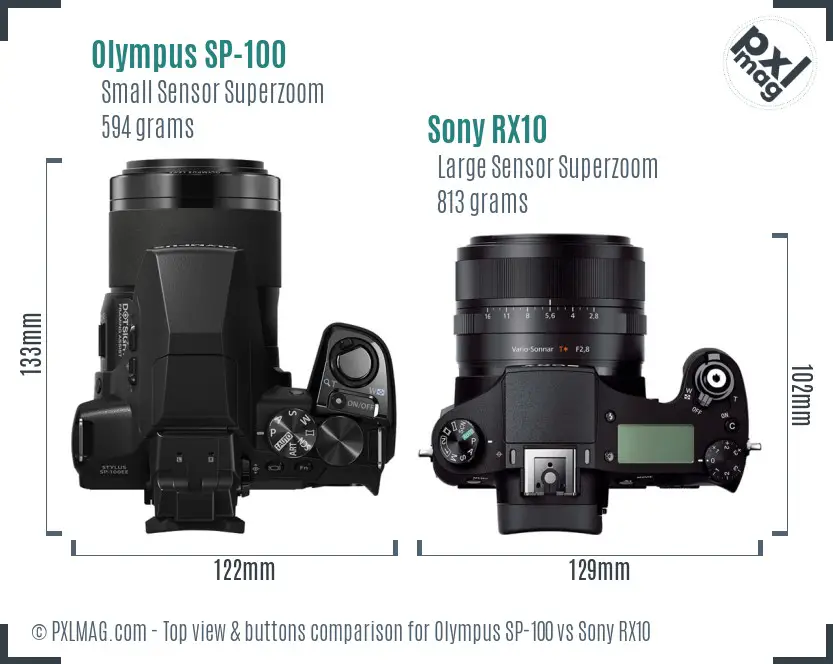 Olympus SP-100 vs Sony RX10 top view buttons comparison