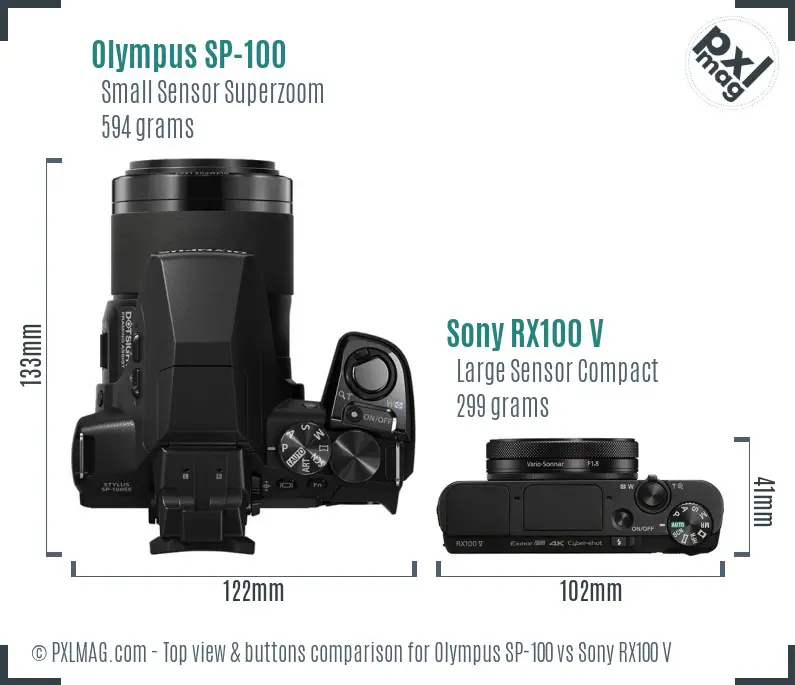 Olympus SP-100 vs Sony RX100 V top view buttons comparison