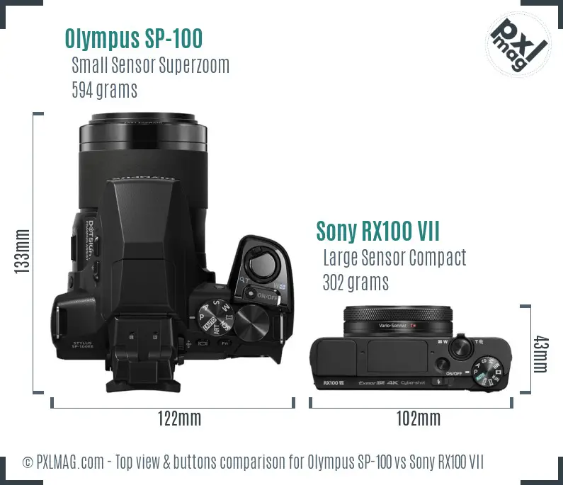 Olympus SP-100 vs Sony RX100 VII top view buttons comparison