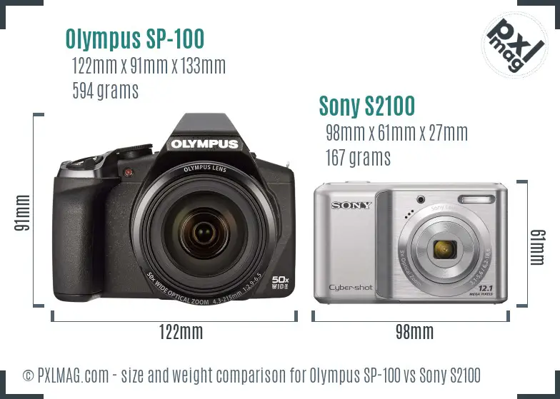 Olympus SP-100 vs Sony S2100 size comparison