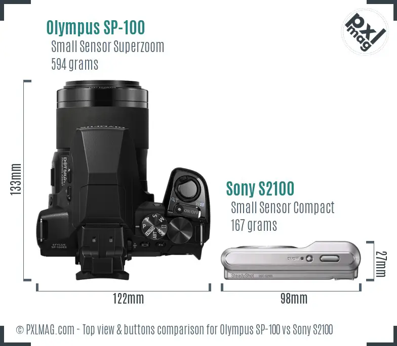 Olympus SP-100 vs Sony S2100 top view buttons comparison