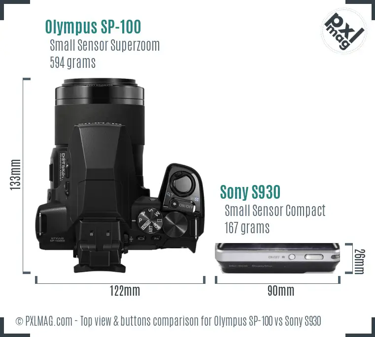 Olympus SP-100 vs Sony S930 top view buttons comparison