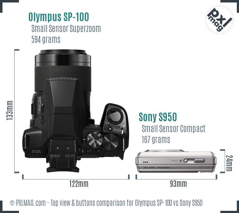 Olympus SP-100 vs Sony S950 top view buttons comparison