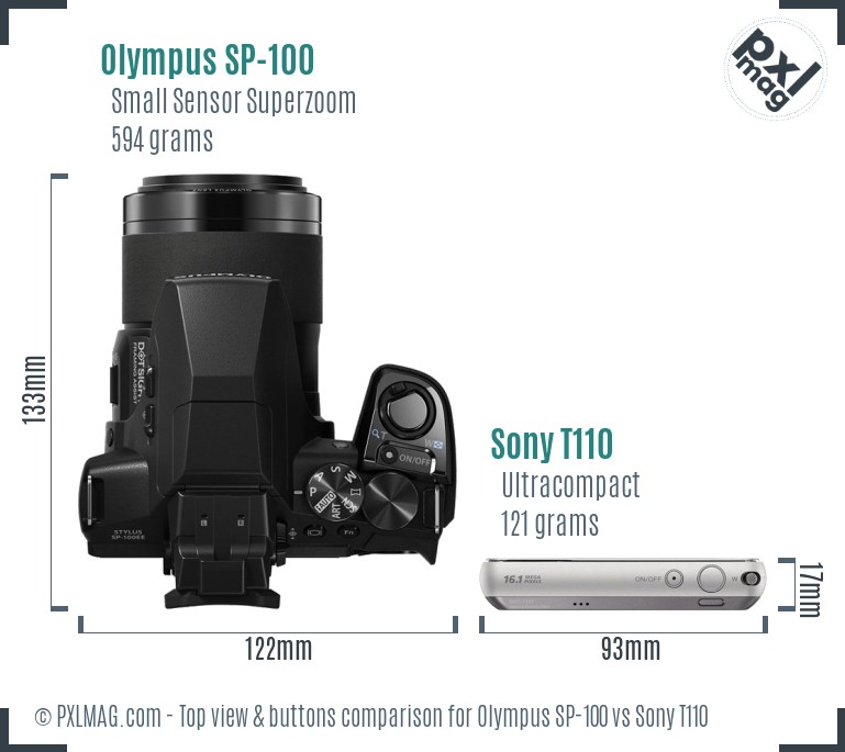 Olympus SP-100 vs Sony T110 top view buttons comparison