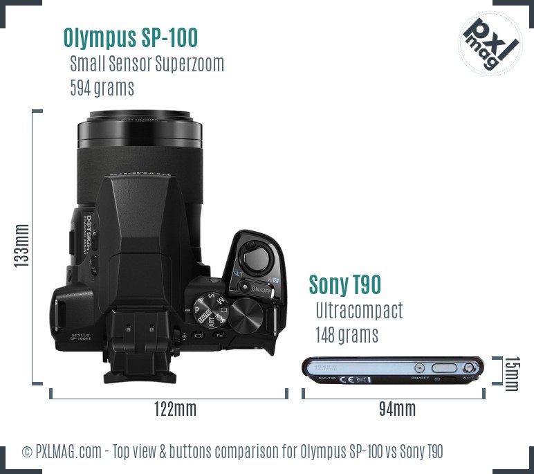 Olympus SP-100 vs Sony T90 top view buttons comparison
