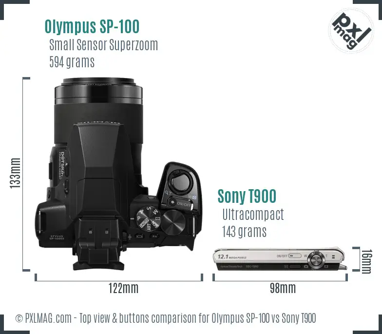 Olympus SP-100 vs Sony T900 top view buttons comparison