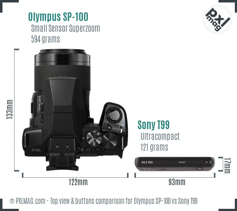 Olympus SP-100 vs Sony T99 top view buttons comparison