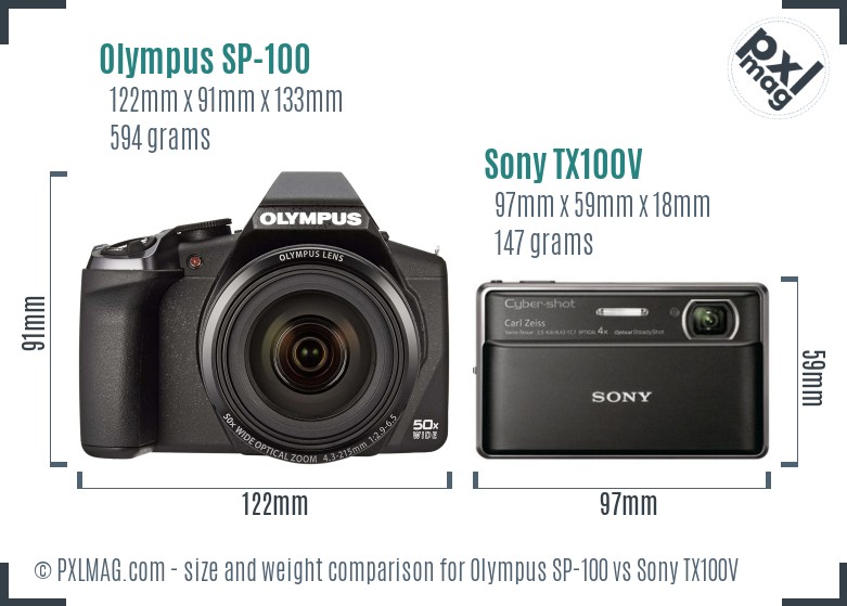 Olympus SP-100 vs Sony TX100V size comparison