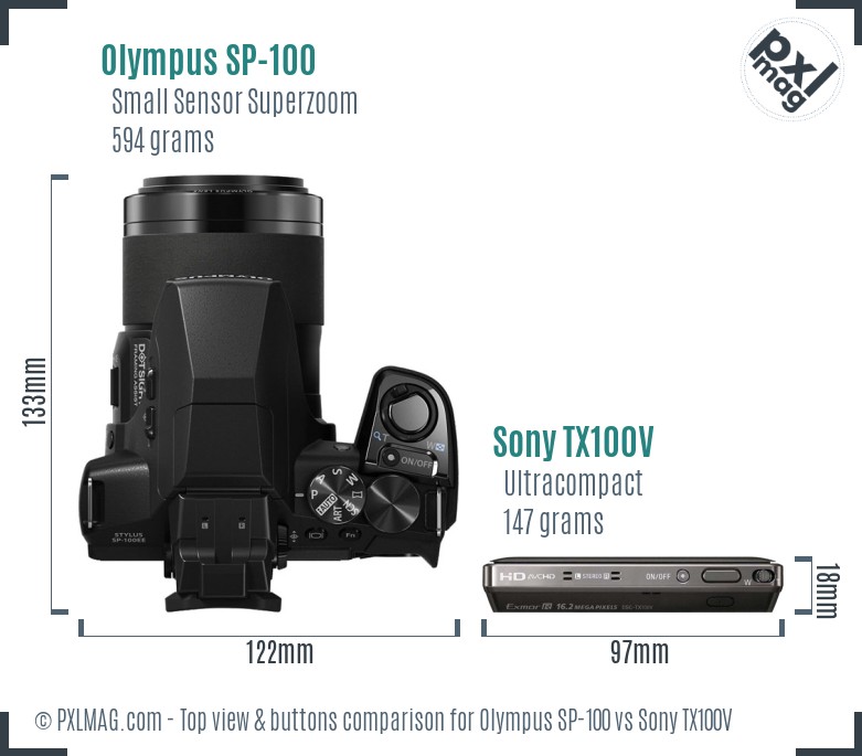 Olympus SP-100 vs Sony TX100V top view buttons comparison