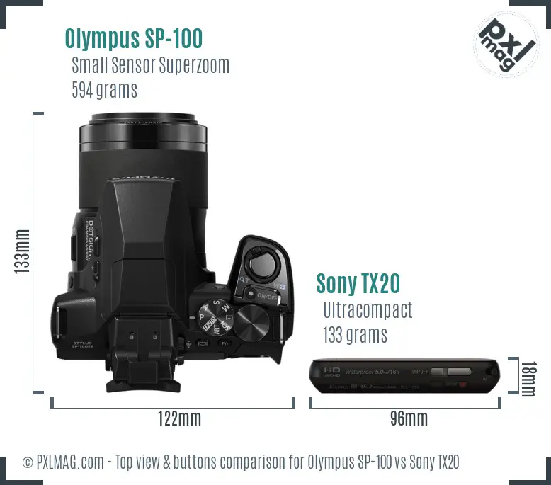 Olympus SP-100 vs Sony TX20 top view buttons comparison Olympus SP-100 vs Sony TX20 top view buttons comparison