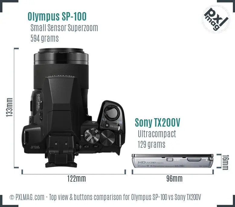 Olympus SP-100 vs Sony TX200V top view buttons comparison Olympus SP-100 vs Sony TX200V top view buttons comparison