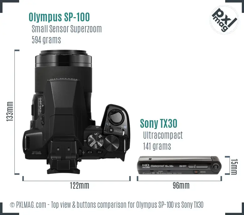 Olympus SP-100 vs Sony TX30 top view buttons comparison Olympus SP-100 vs Sony TX30 top view buttons comparison