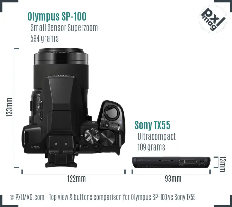 Olympus SP-100 vs Sony TX55 top view buttons comparison