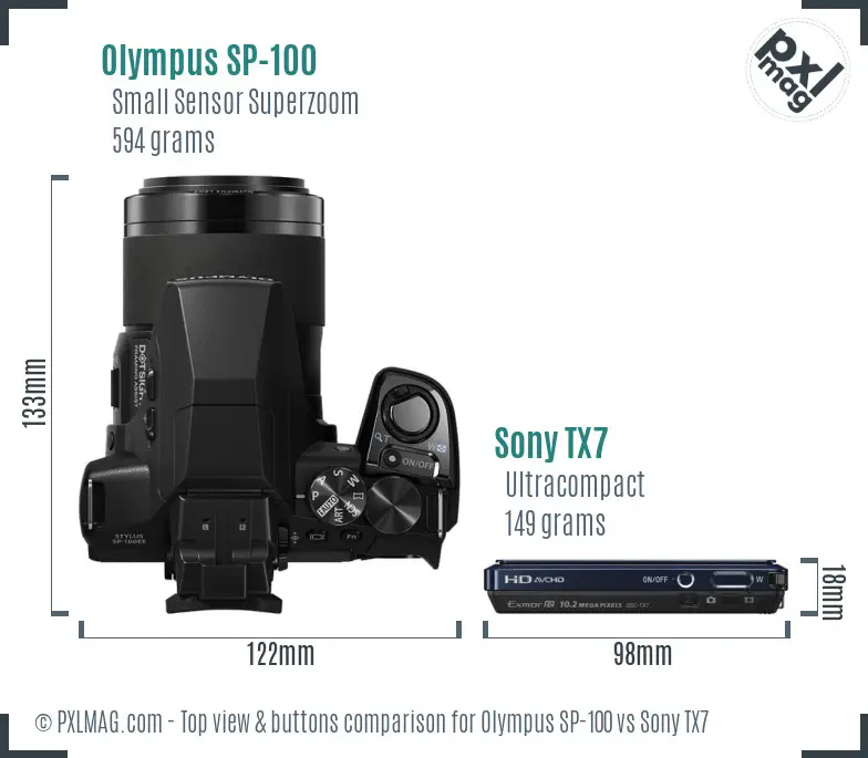 Olympus SP-100 vs Sony TX7 top view buttons comparison