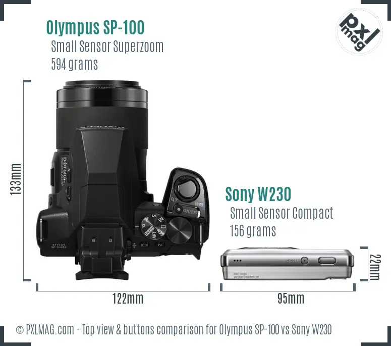 Olympus SP-100 vs Sony W230 top view buttons comparison Olympus SP-100 vs Sony W230 top view buttons comparison