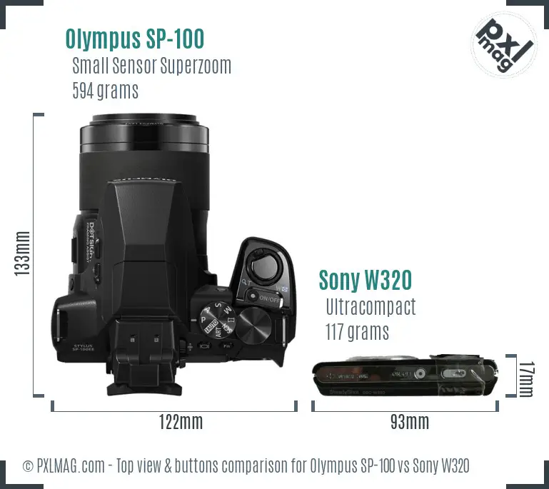 Olympus SP-100 vs Sony W320 top view buttons comparison