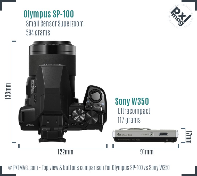 Olympus SP-100 vs Sony W350 top view buttons comparison