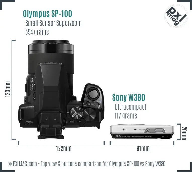 Olympus SP-100 vs Sony W380 top view buttons comparison Olympus SP-100 vs Sony W380 top view buttons comparison