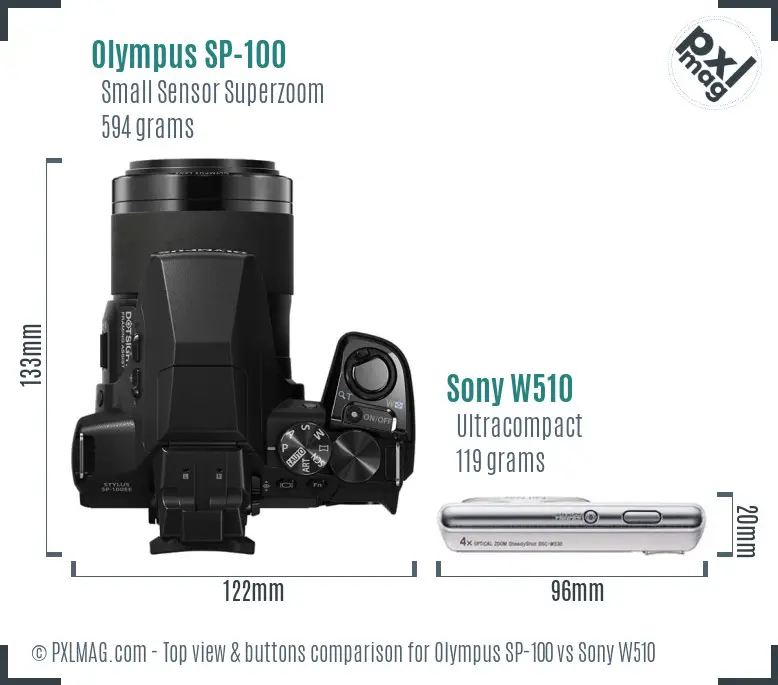 Olympus SP-100 vs Sony W510 top view buttons comparison